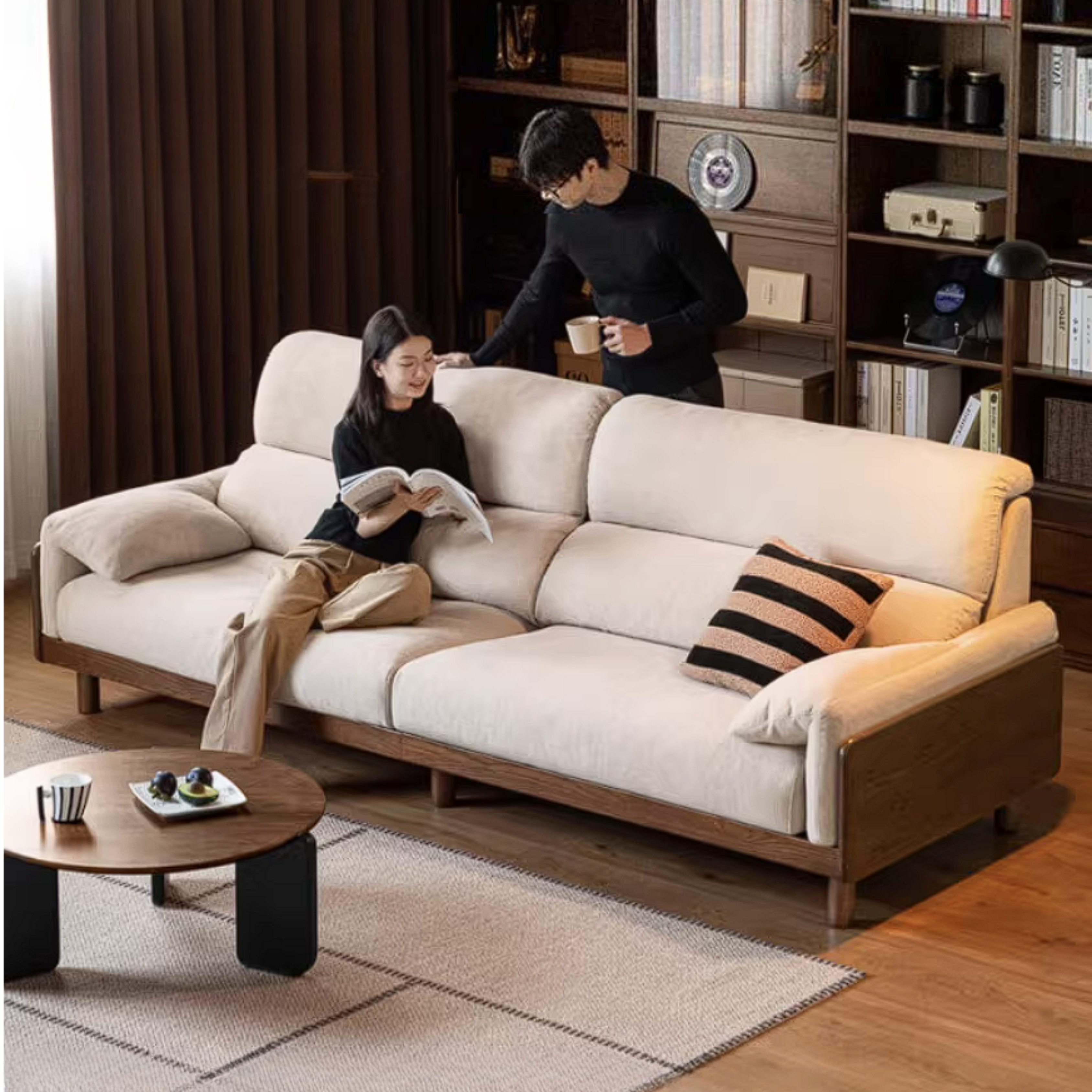 Ash Solid Wood Linen Sofa with Exposed Wood Base