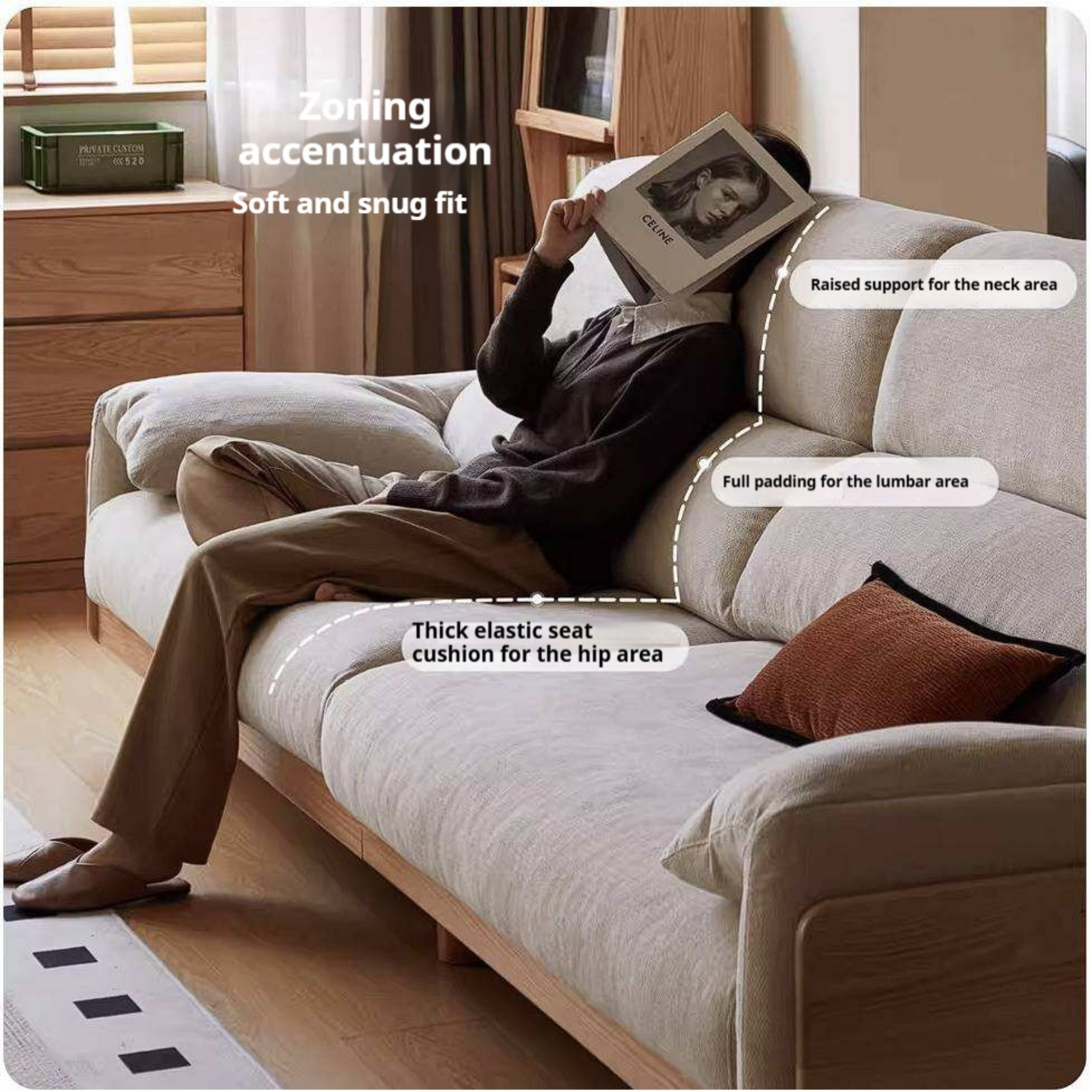 Oak, Ash Solid Wood Linen Sofa with Exposed Wood Base