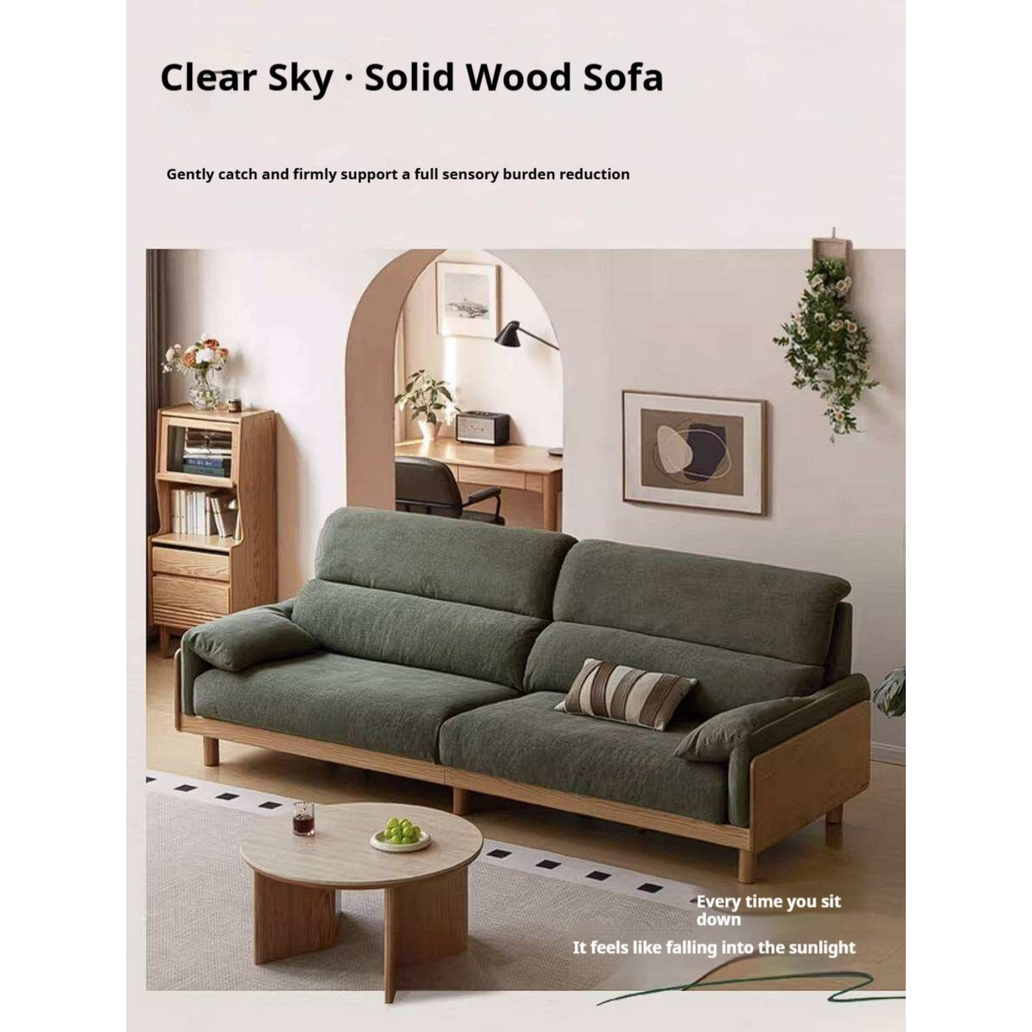 Oak, Ash Solid Wood Linen Sofa with Exposed Wood Base