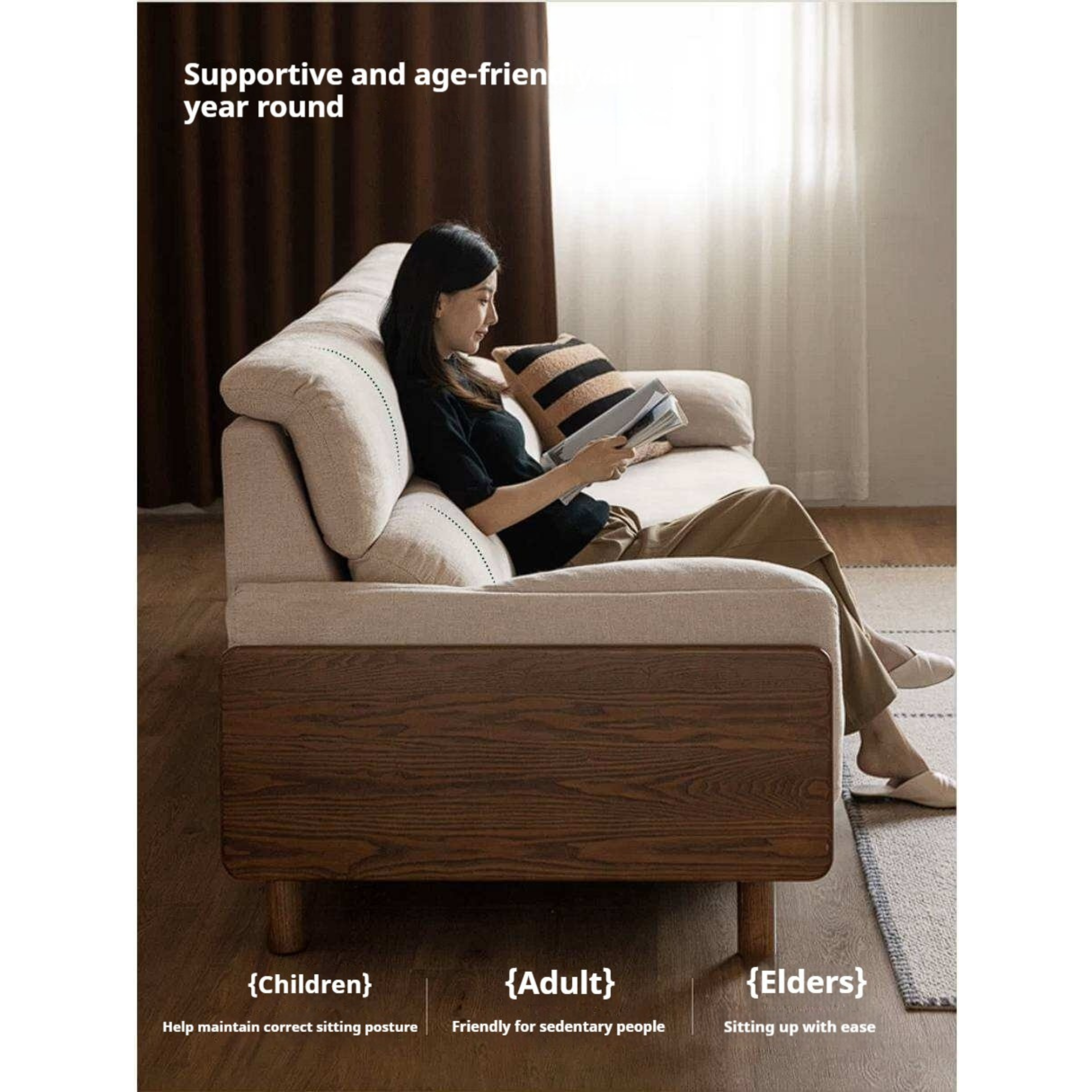 Ash Solid Wood Linen Sofa with Exposed Wood Base