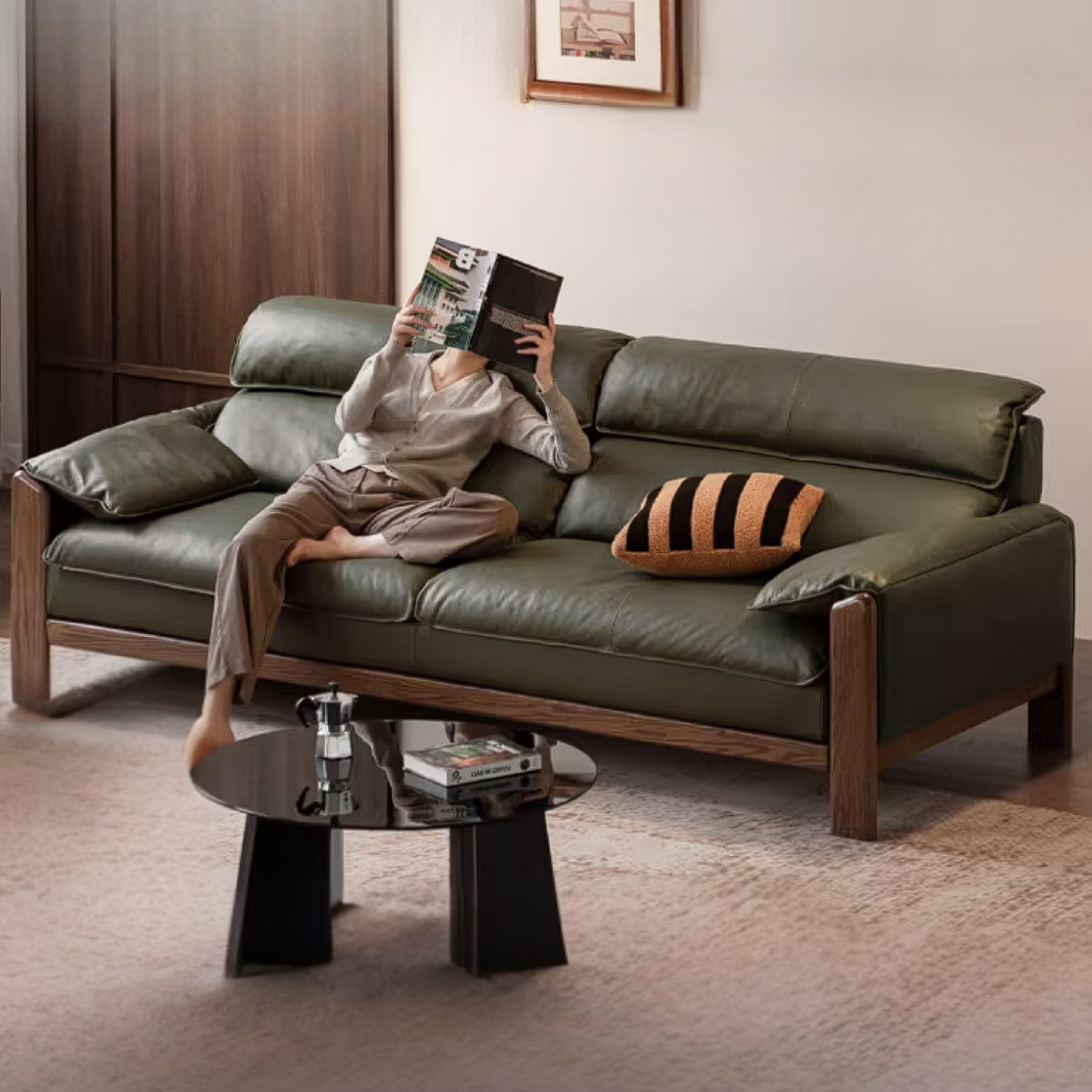 Oak Solid Wood, Sandalwood Sofa with Italian Light Luxury Leather Design
