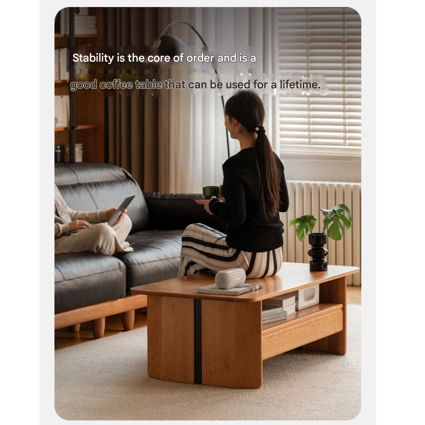 Cherry Solid Wood Modern Rock Plate Coffee Table.