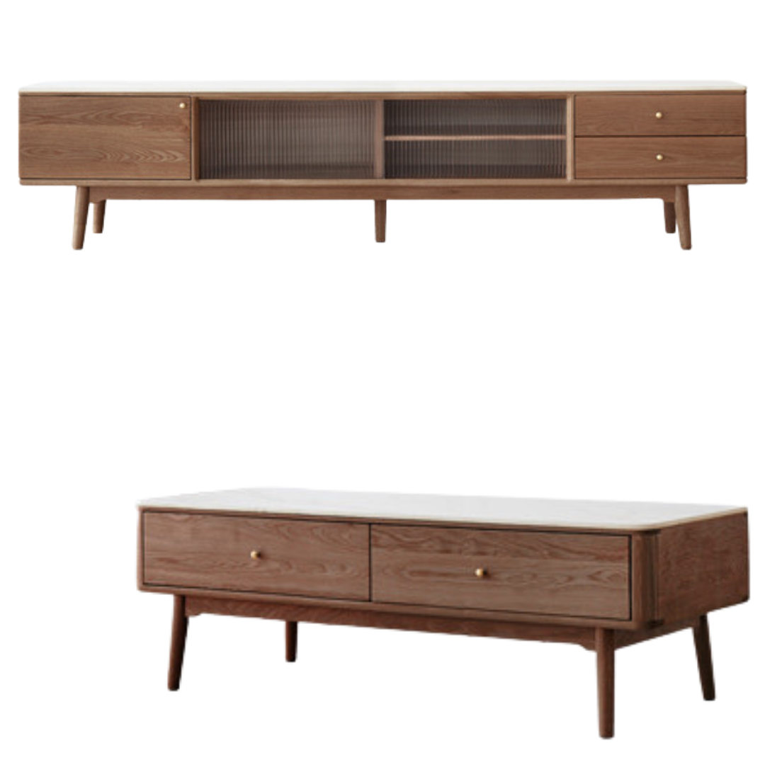 Oak, Poplar, Beech Solid Wood Sliding Door TV Stand With Rock Slab Surface.