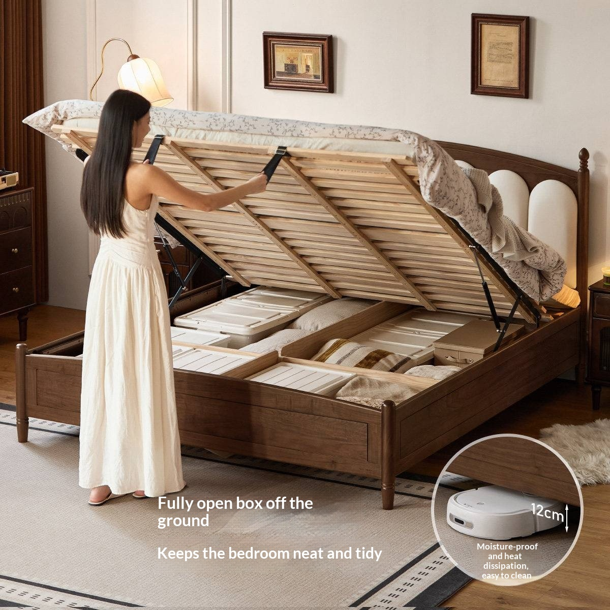 Black Walnut Solid Wood Box Bed — French Retro Style with Genuine Leather and Piano Key Design