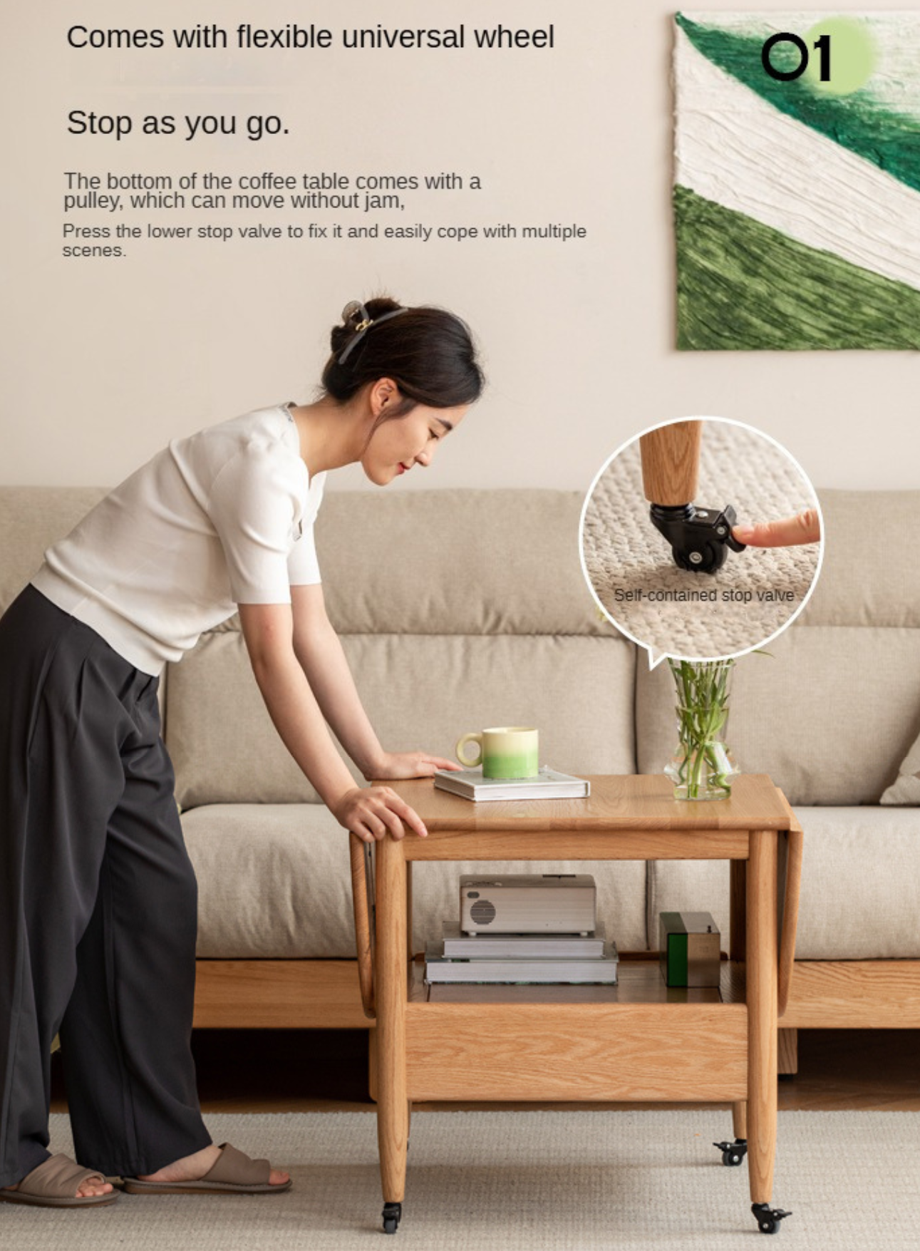 Oak, Beech Solid Wood Folding Mobile Coffee Table