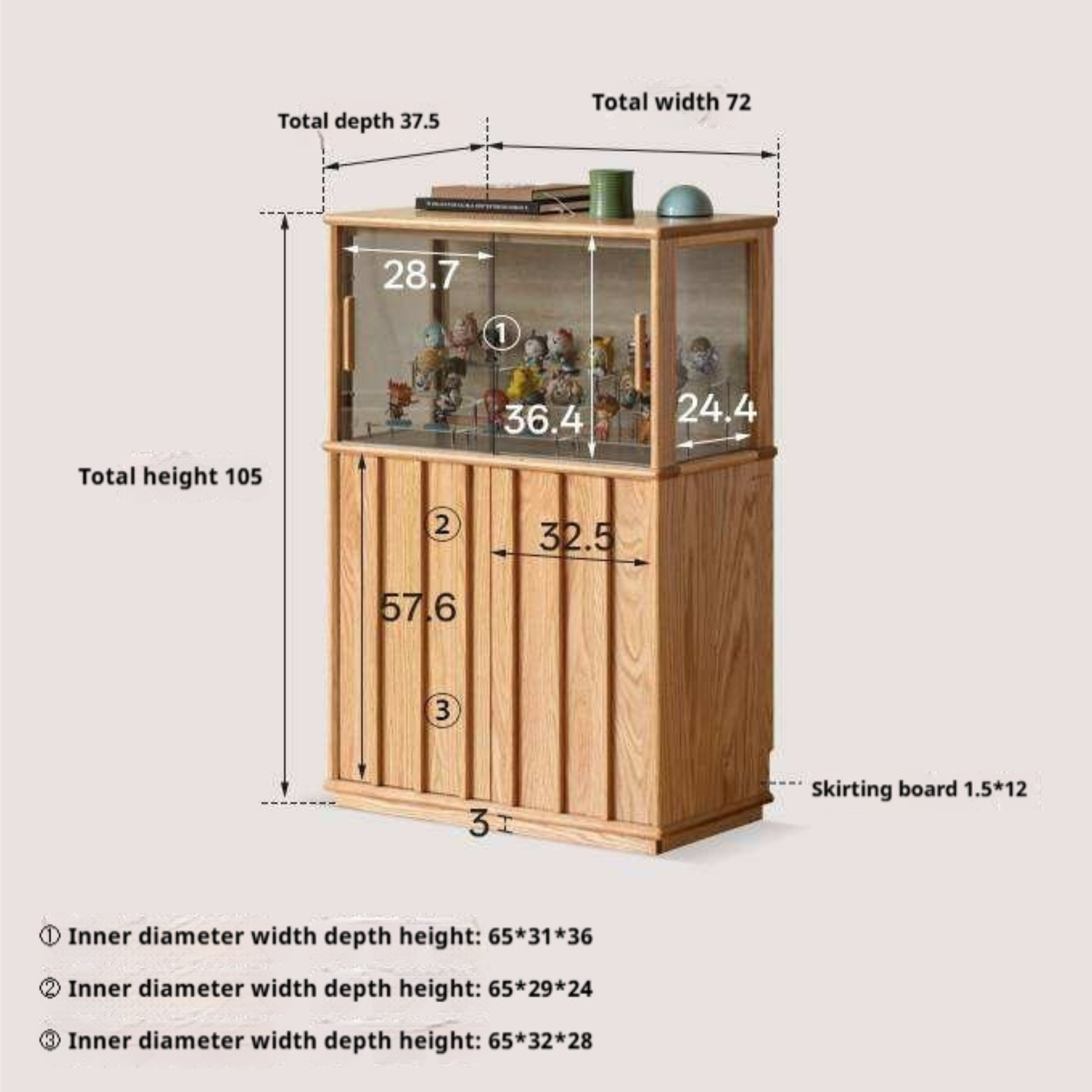 Oak Solid Wood Lighted Display Cabinet with Glass Door and Fluted Wood Panels