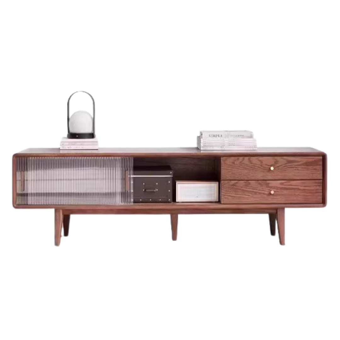 Oak, Solid Rubberwood, Beech Solid Wood TV Stand Glass Sliding Door