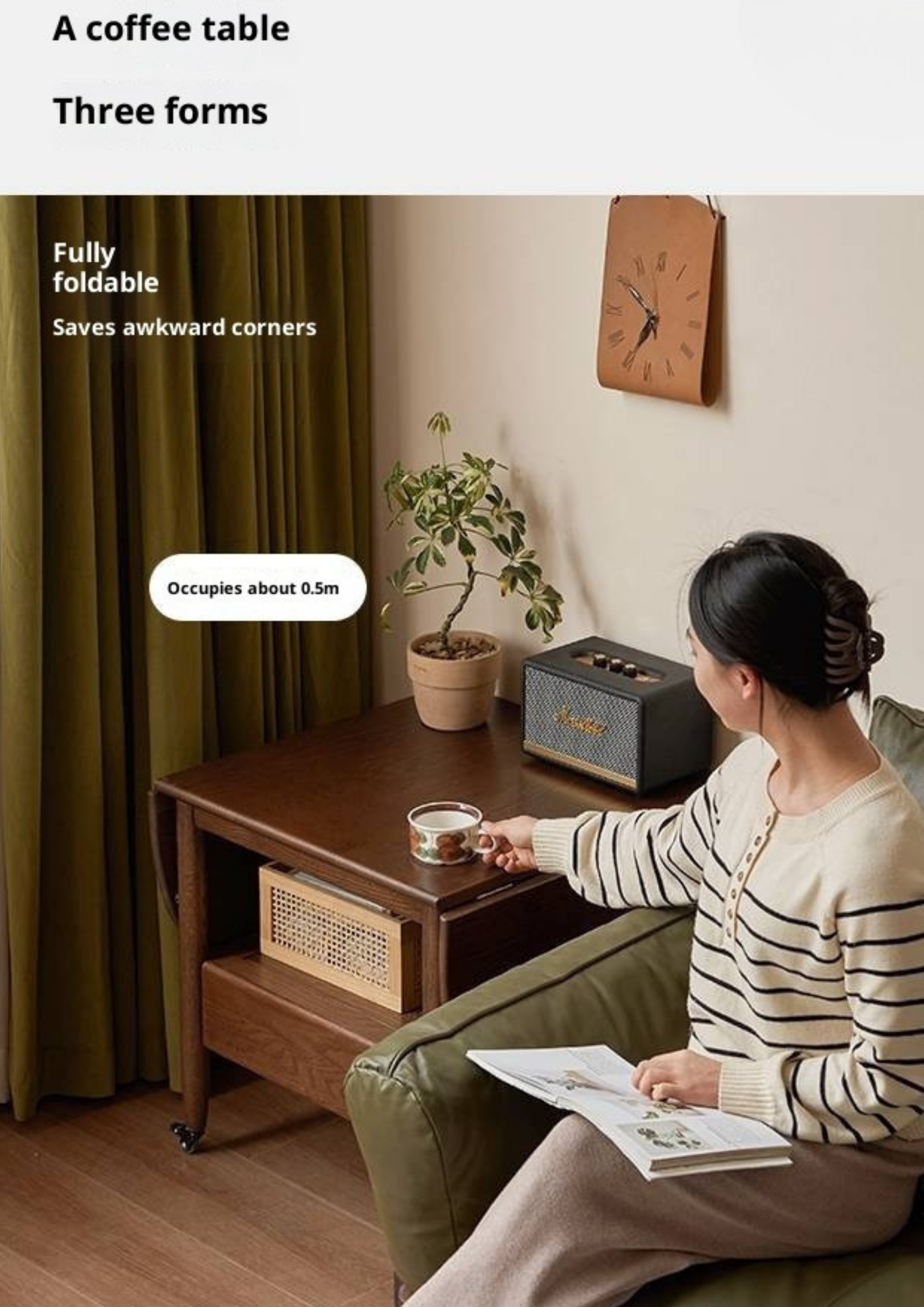 Oak Solid Wood Folding Movable Coffee Table