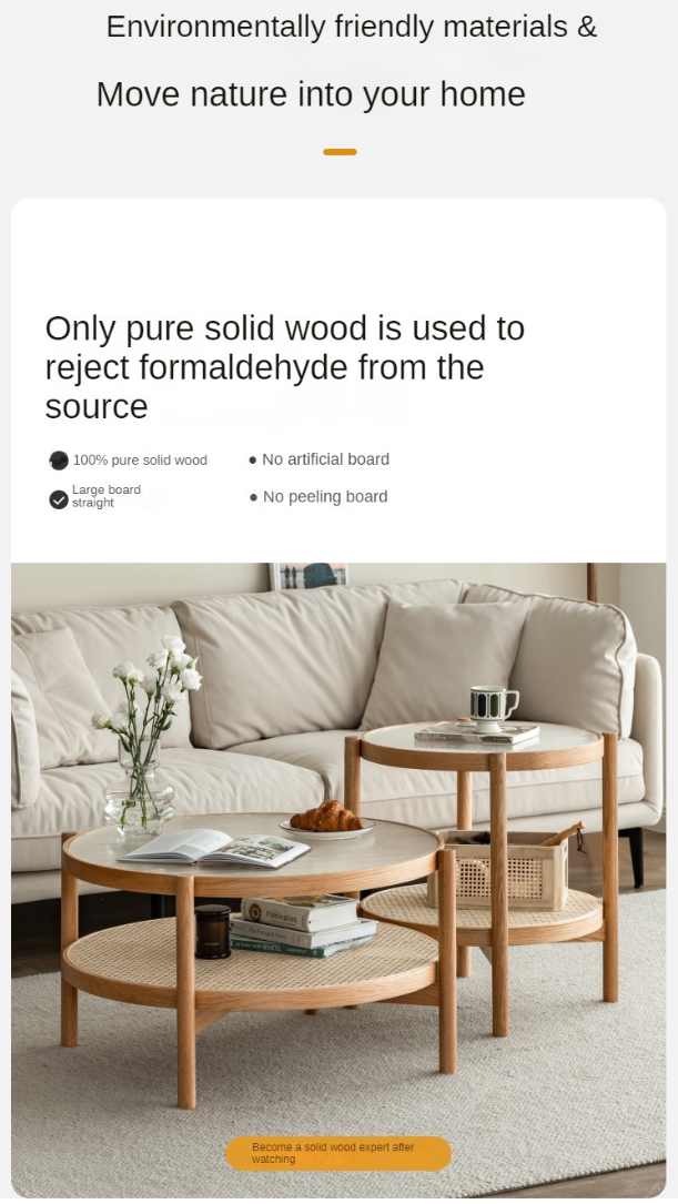 Oak Solid Wood, Glass, Rattan Coffee Table