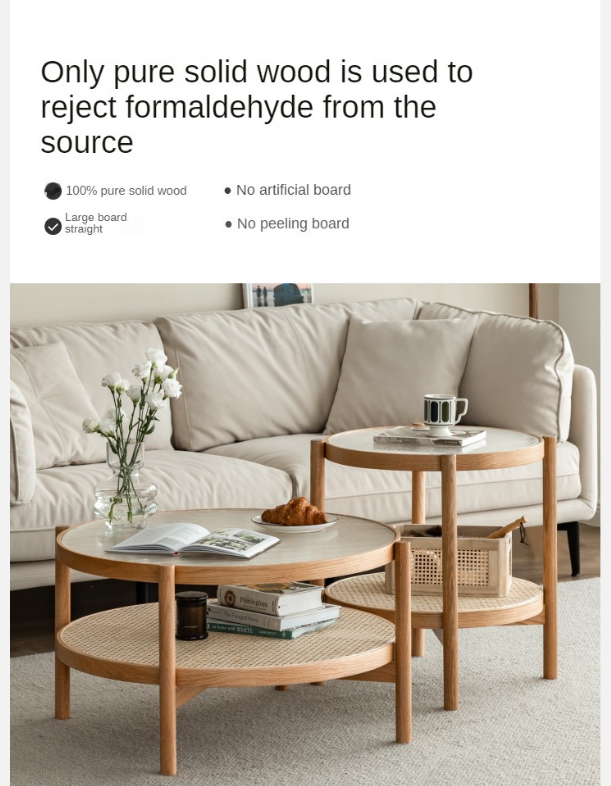 Oak Solid Wood, Glass, Rattan Coffee Table