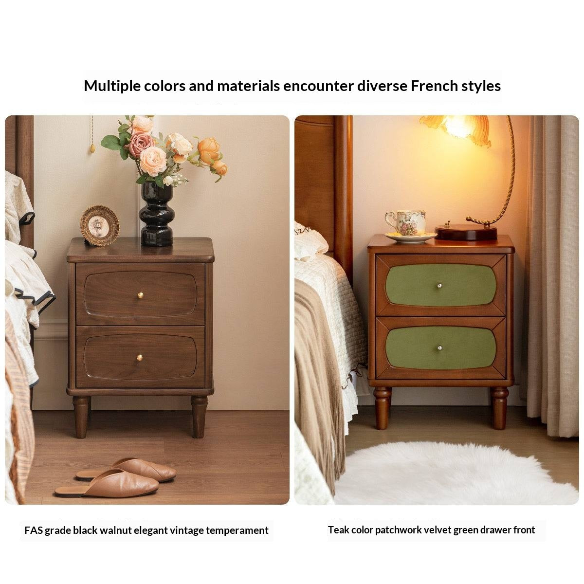 Black Walnut, Poplar Solid Wood French Retro Style Nightstand