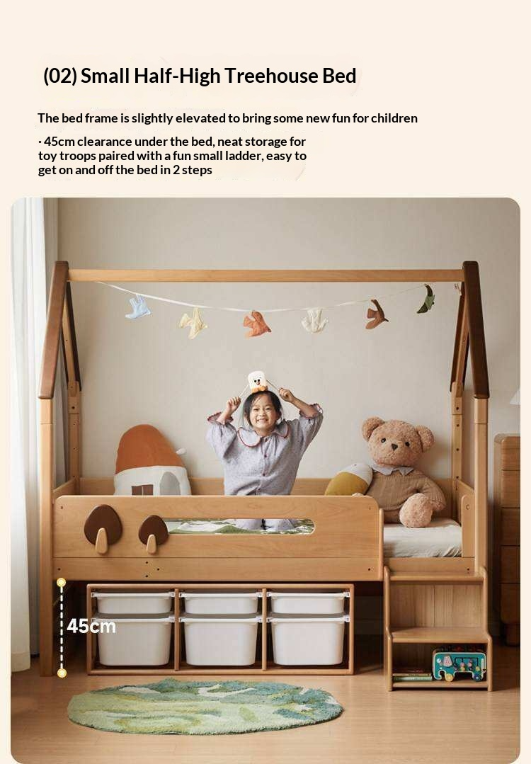 Beech Solid Wood Children's Loft Bed with Table Under Bed