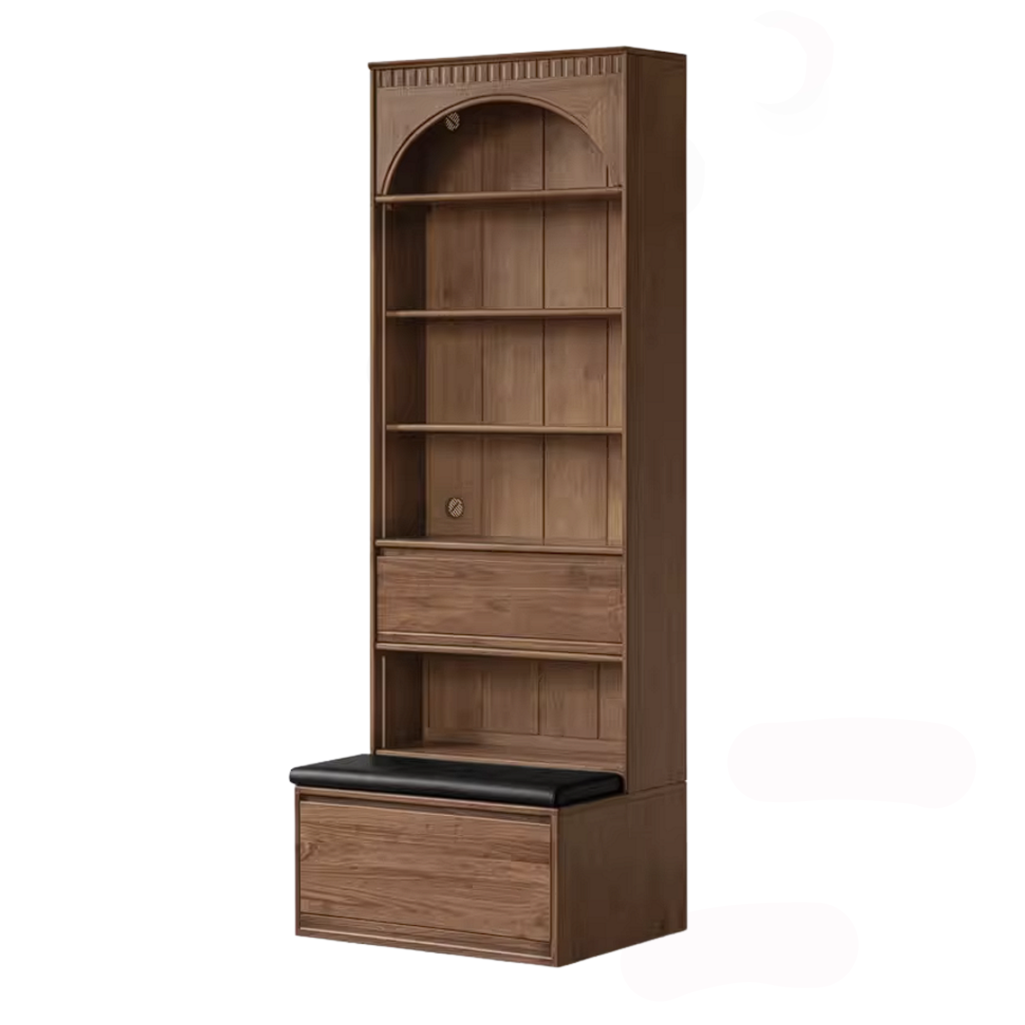 Black Walnut Solid Wood Bookcase with Booth Seating and Display Cabinet