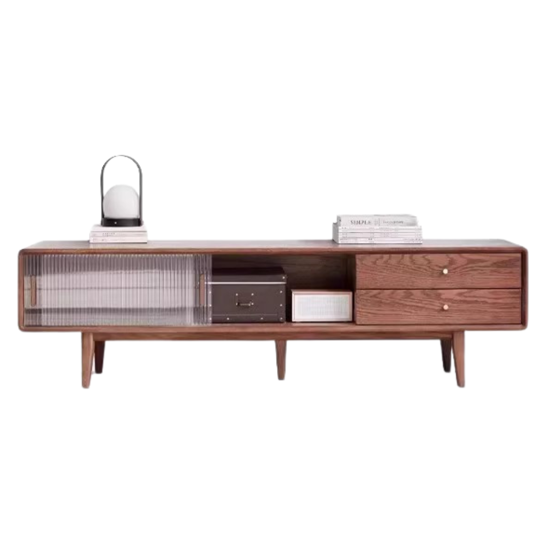 Oak, Solid Rubberwood, Beech Solid Wood TV Stand Glass Sliding Door