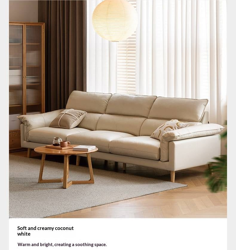 Genuine Leather Deep-Seat High-Back Sofa with Feather-Filled Cushions and Beech Wood Legs