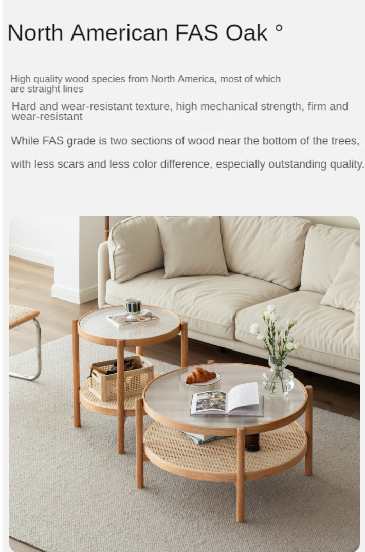 Oak Solid Wood, Glass, Rattan Coffee Table