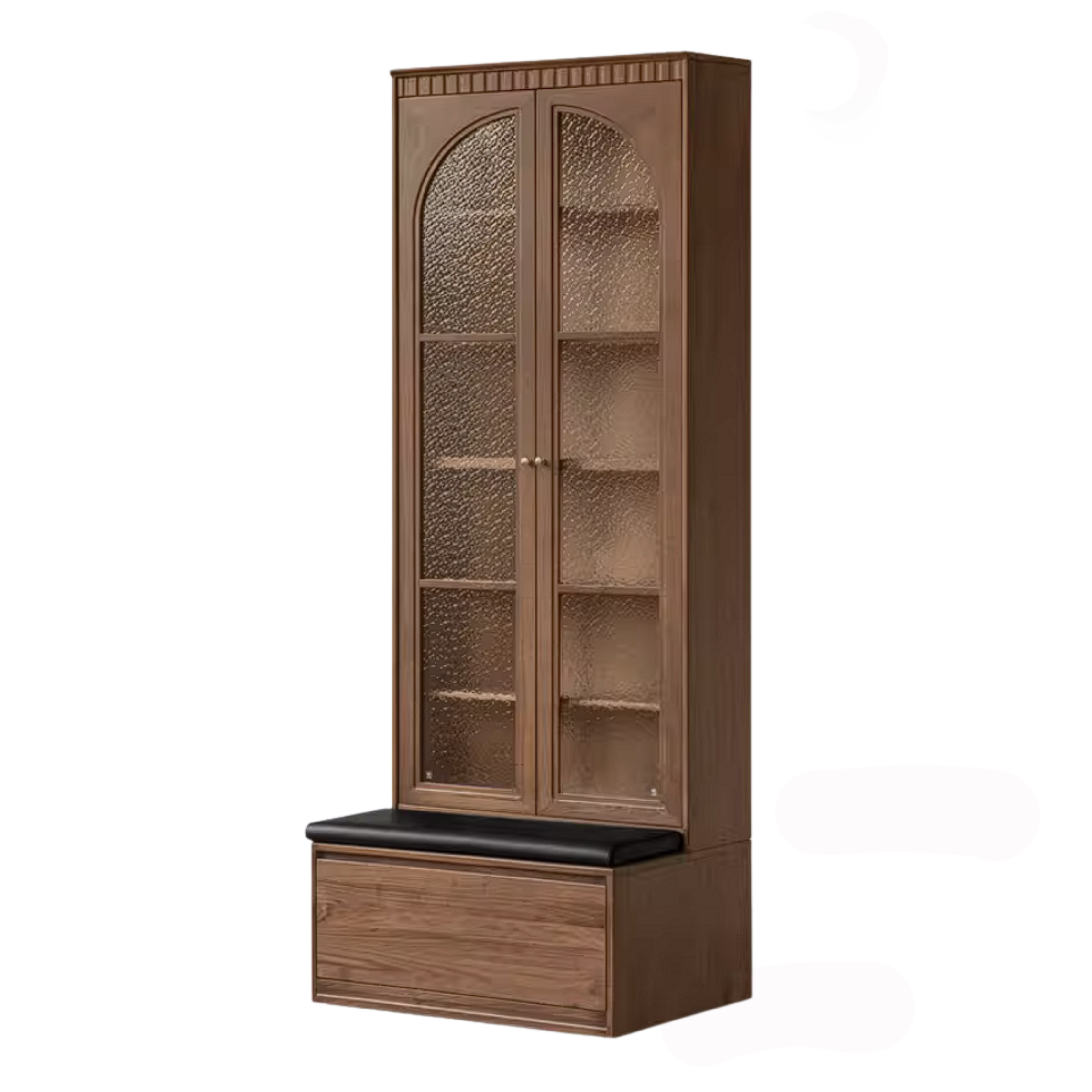 Black Walnut Solid Wood Bookcase with Booth Seating and Display Cabinet