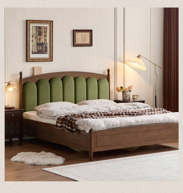 Black Walnut Solid Wood Box Bed — French Retro Style with Genuine Leather and Piano Key Design