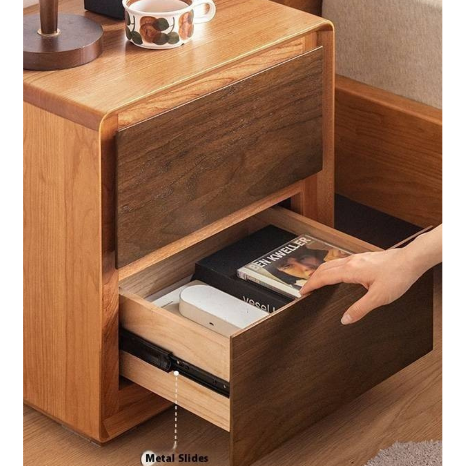 Cherry Solid Wood, Solid Rubberwood Nightstand