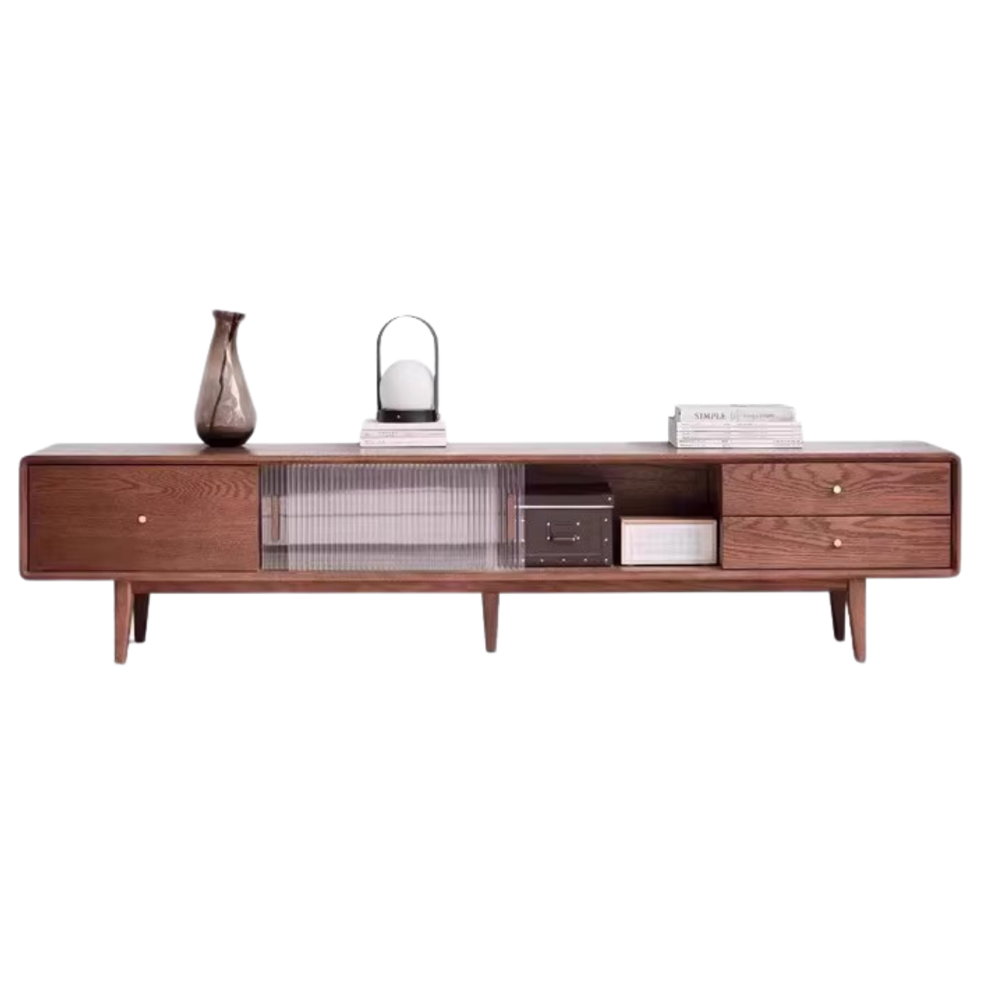 Oak, Solid Rubberwood, Beech Solid Wood TV Stand Glass Sliding Door