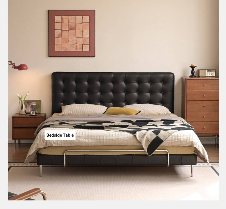 Genuine Leather Bed — Italian Light Luxury, Bauhaus Edge Design, Black Finish