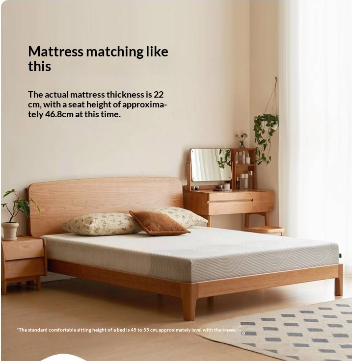 Cherry Solid Wood Bed — Retro Simple Luminous Bed with Charging and Storage