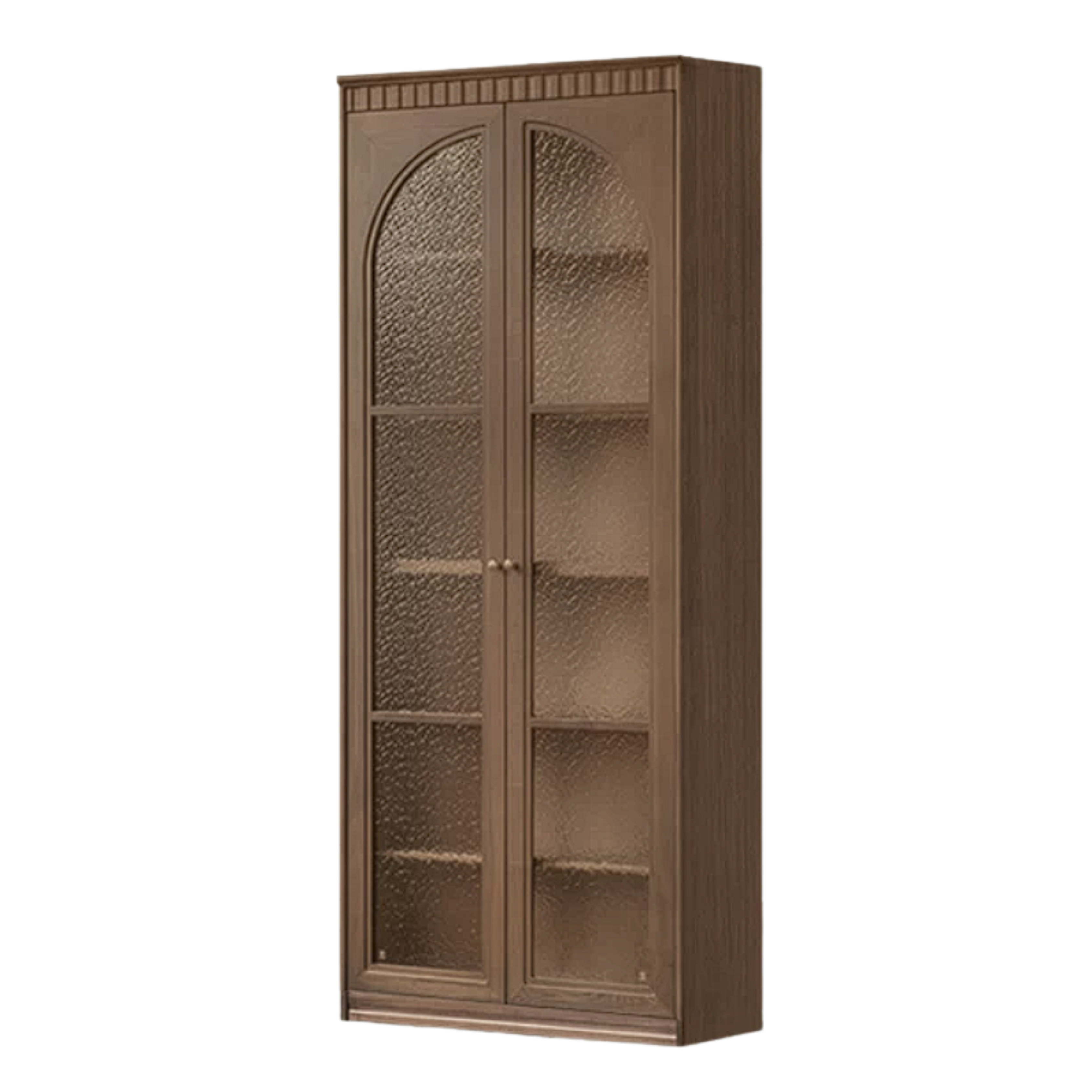 Black Walnut, Sandalwood Solid Wood Library Wall Unit with Arched Glass Doors