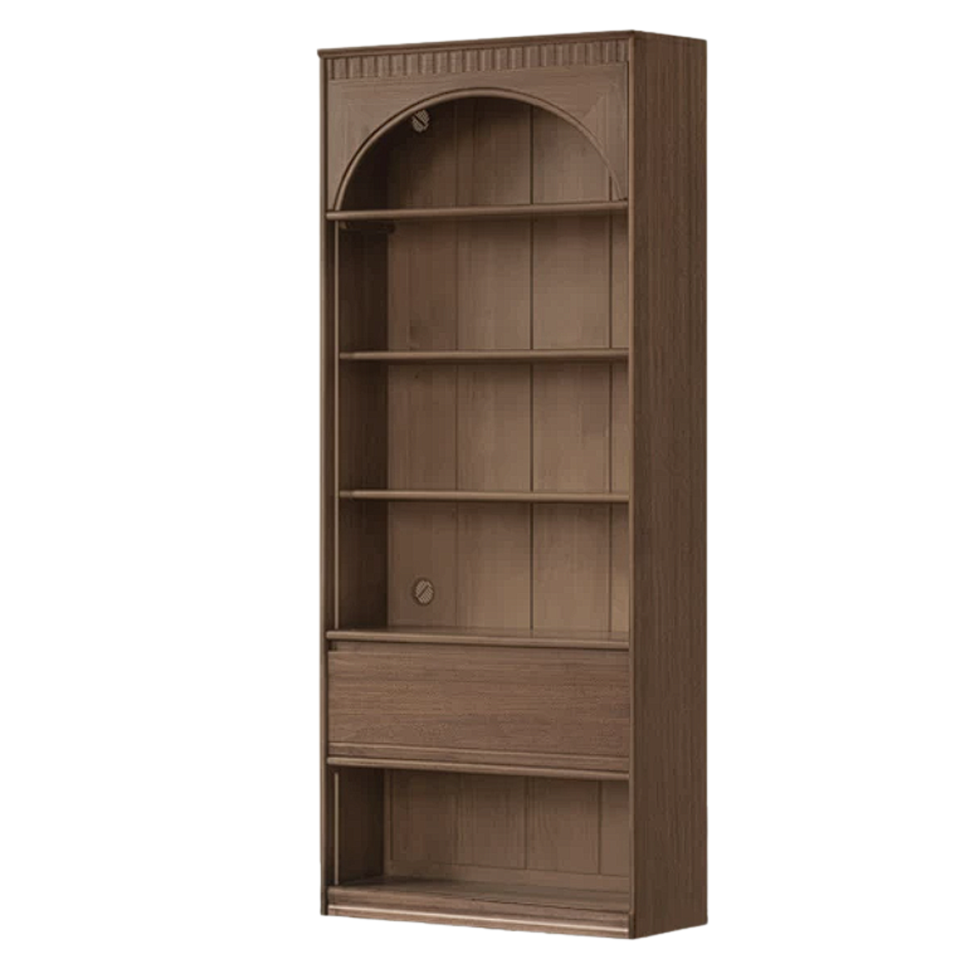 Black Walnut, Sandalwood Solid Wood Library Wall Unit with Arched Glass Doors