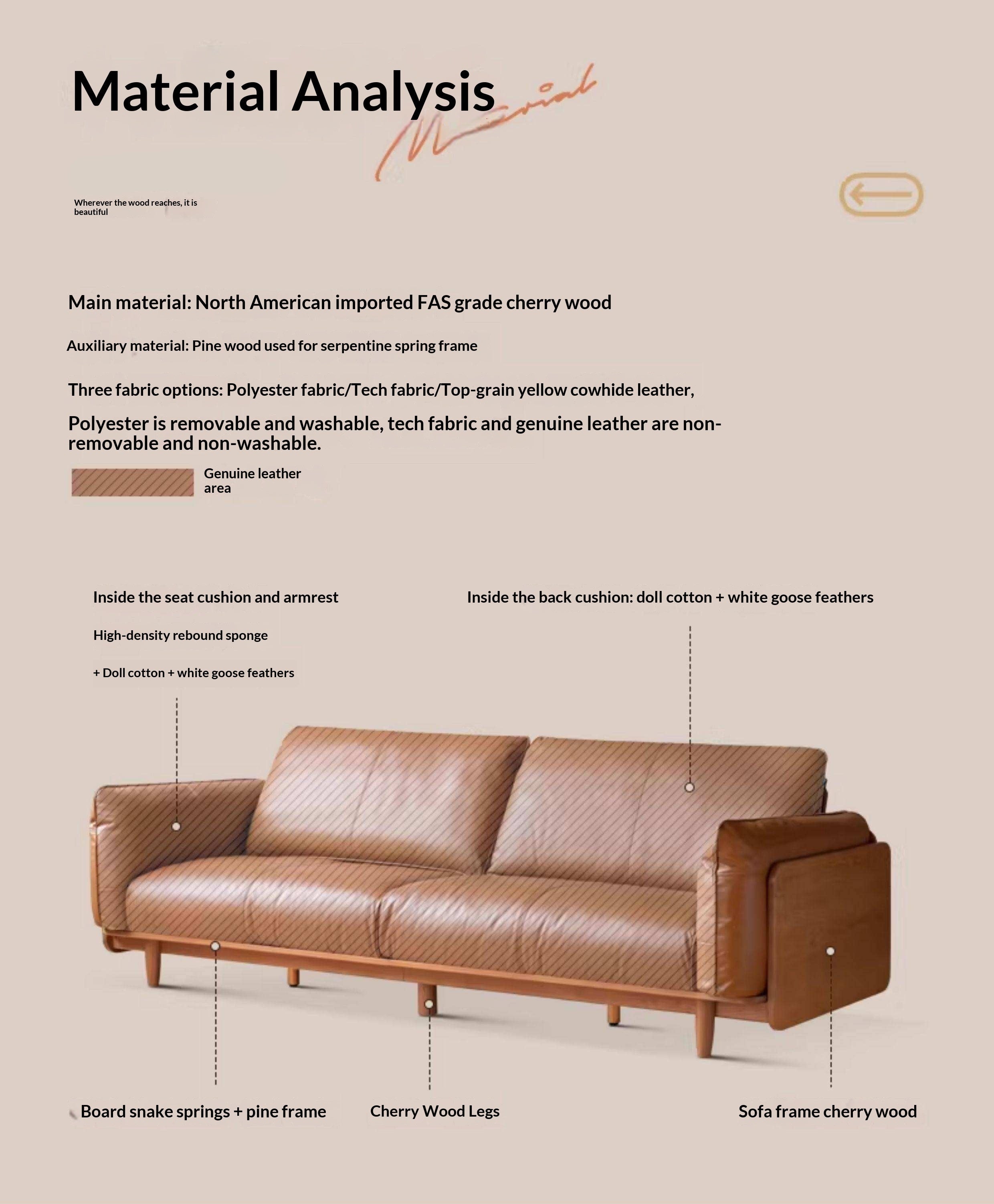 Cherry Wood Contemporary Casual Sofa Genuine Leather, Fabric