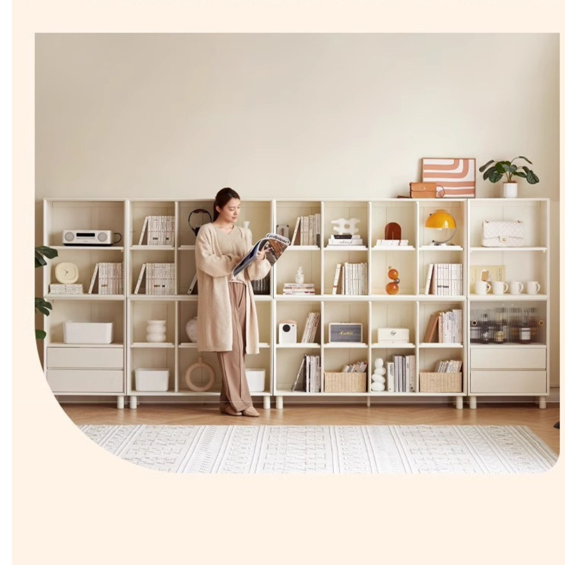 Rubber Solid Wood Cream Style Bookcase.