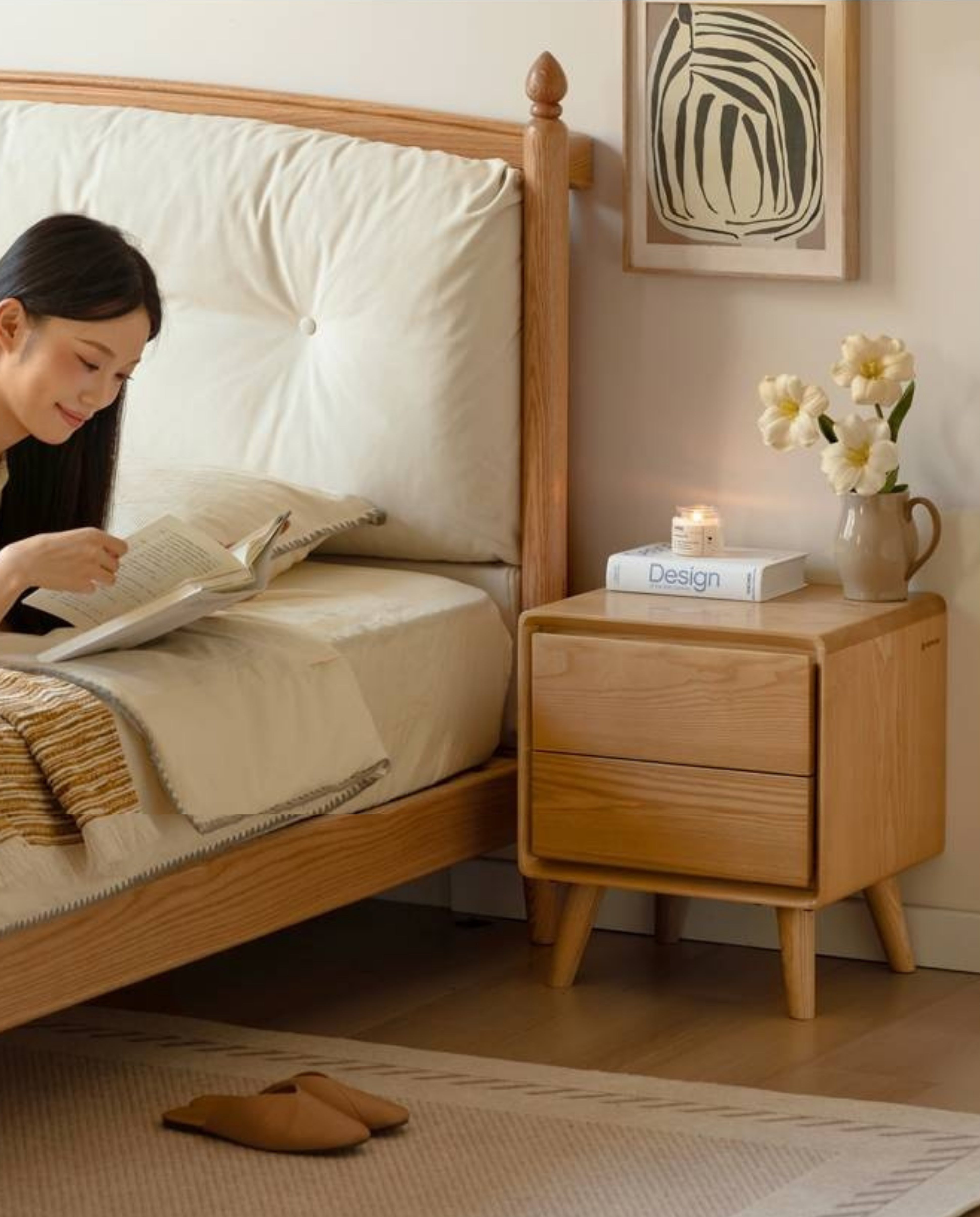 White Ash, Oak Solid Wood Modern Nightshand