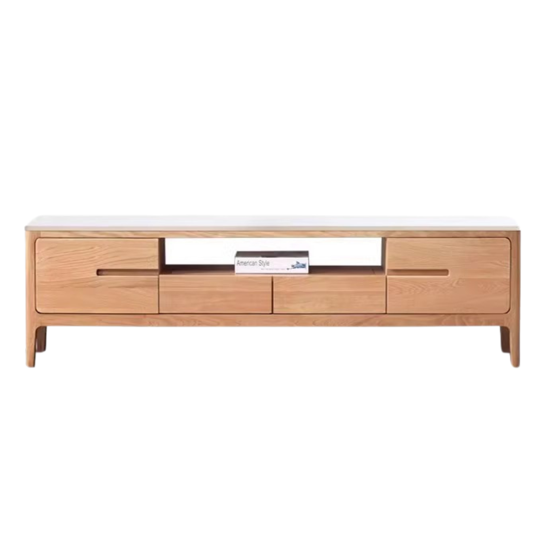 Solid Rubberwood, Oak Solid Wood TV Stand Slate Top.