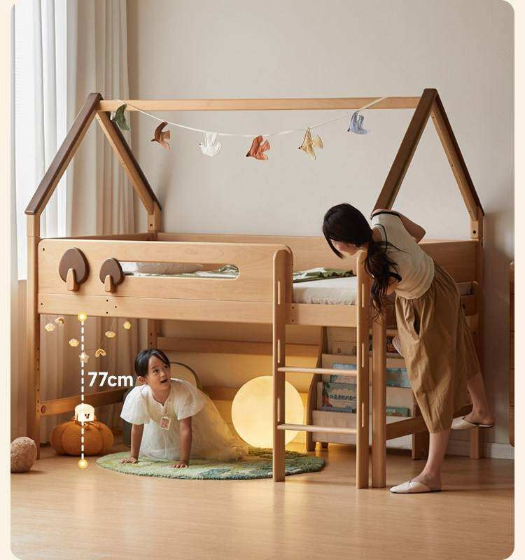 Beech Solid Wood Children's Loft Bed with Table Under Bed