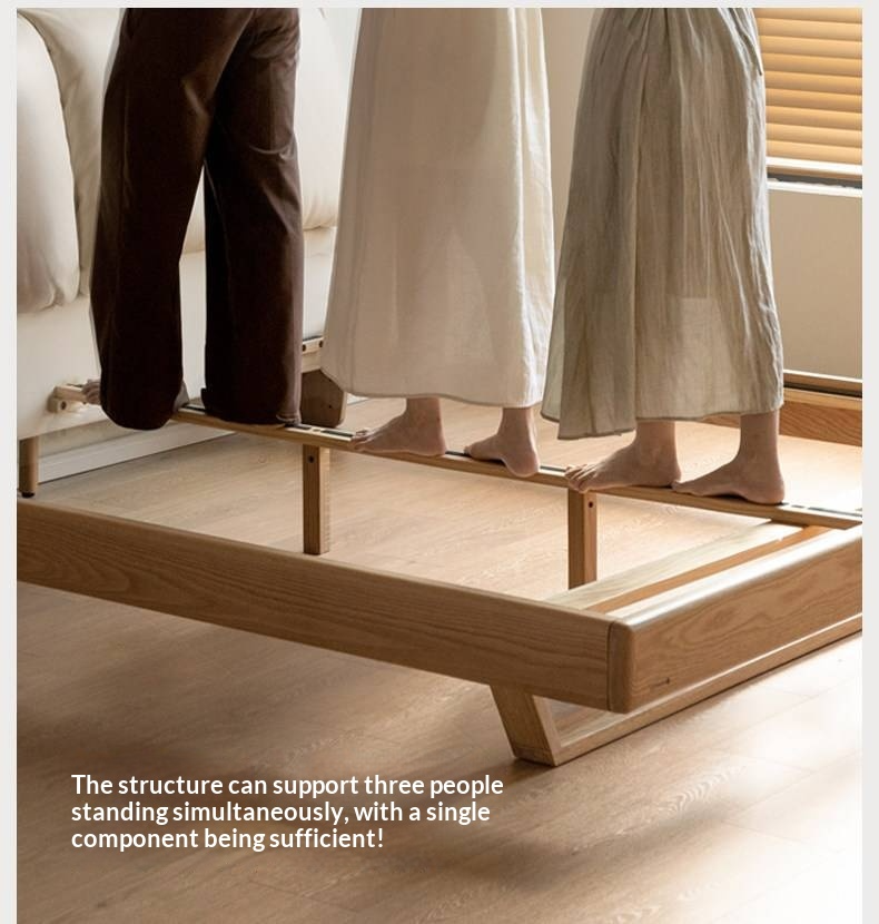 Oak Solid Wood Bed — Italian Light Luxury with White Genuine Leather and Soft Backrest