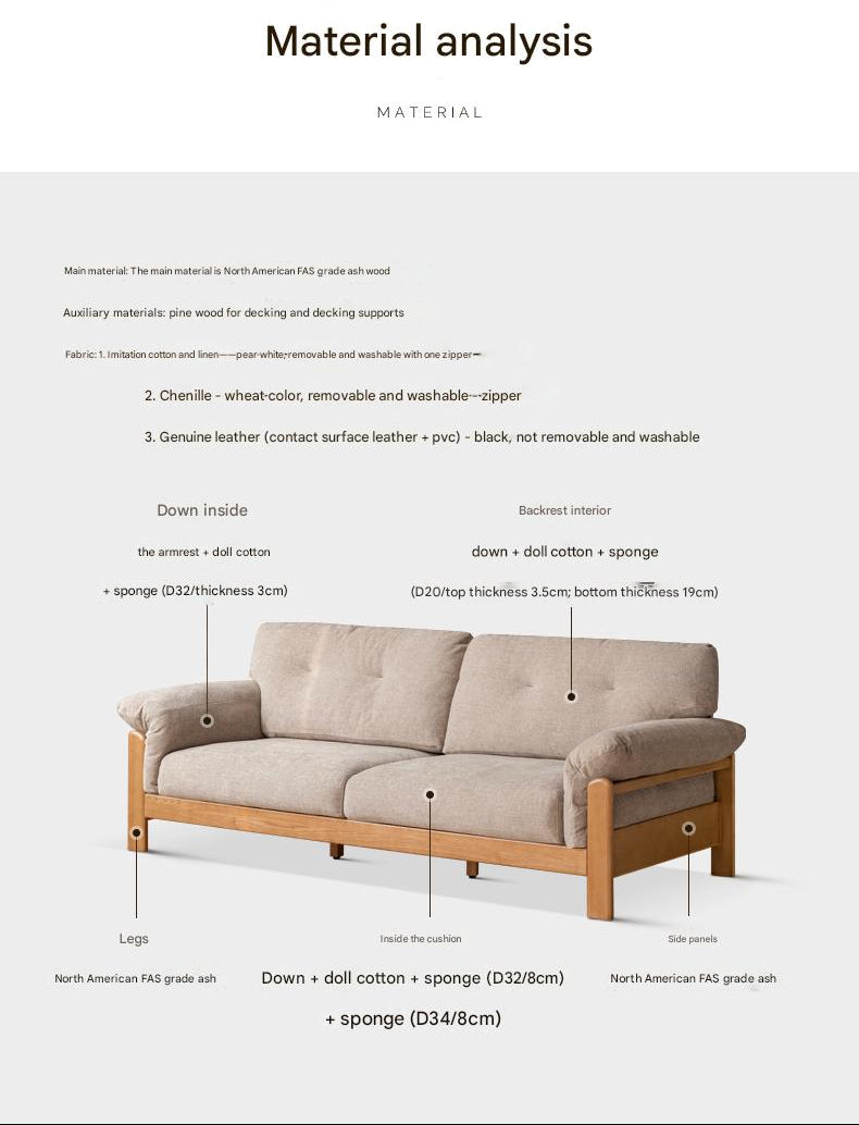 Ash Solid Wood Genuine leather, fabric Exposed Frame Sofa with Tufted Cushions