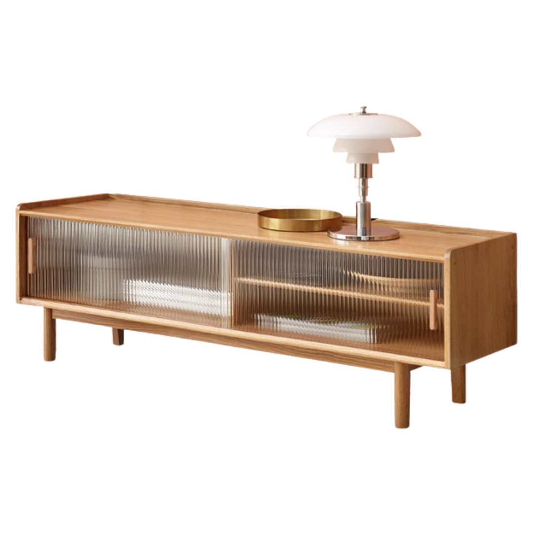 Oak Solid Wood TV Stand Sliding Door.