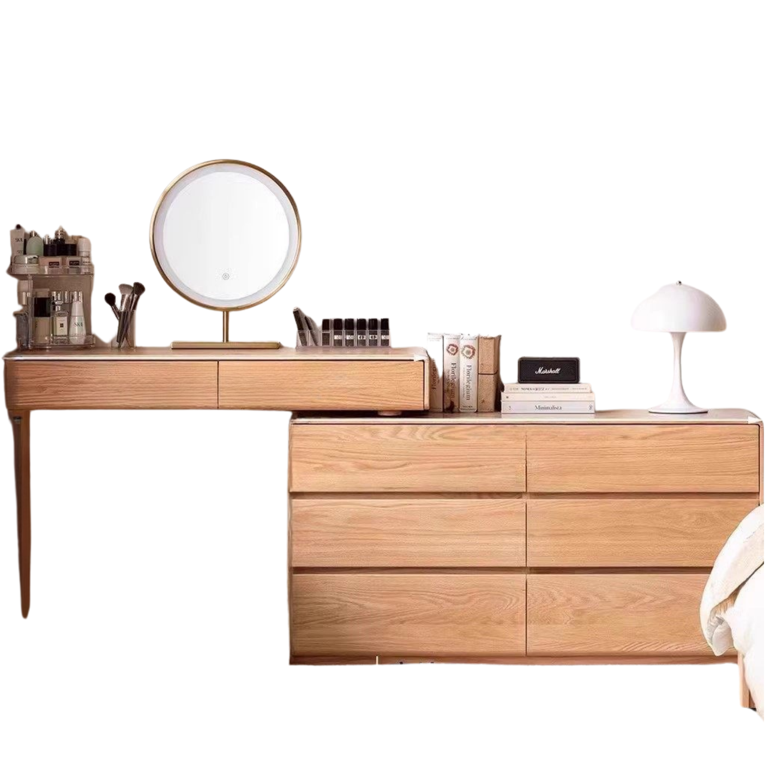 Oak, Ash Solid Wood Retractable Vanity Table Storage Cabinet.