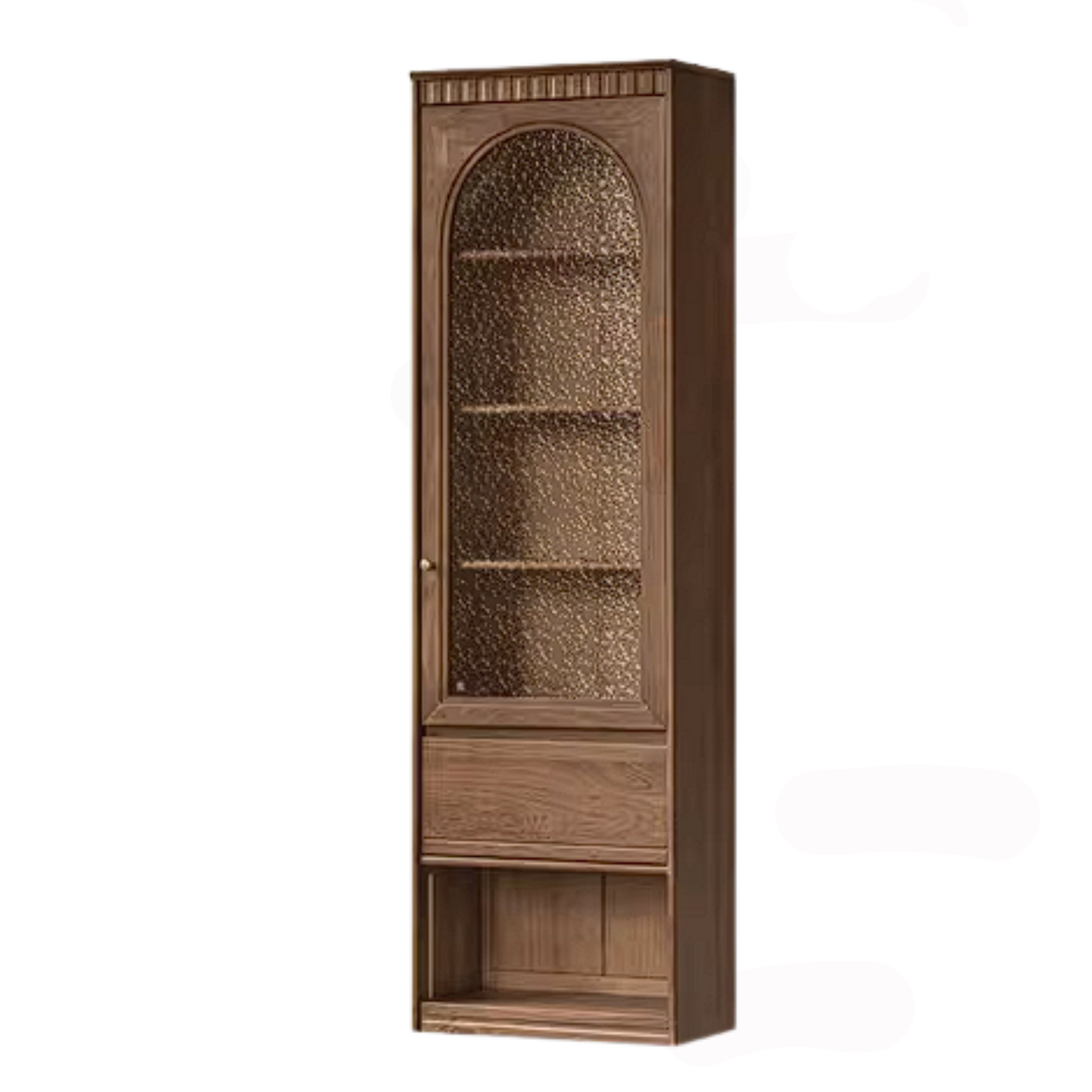 Black Walnut Solid Wood Arched Vintage Bookcase with Glass Door and Storage Drawer