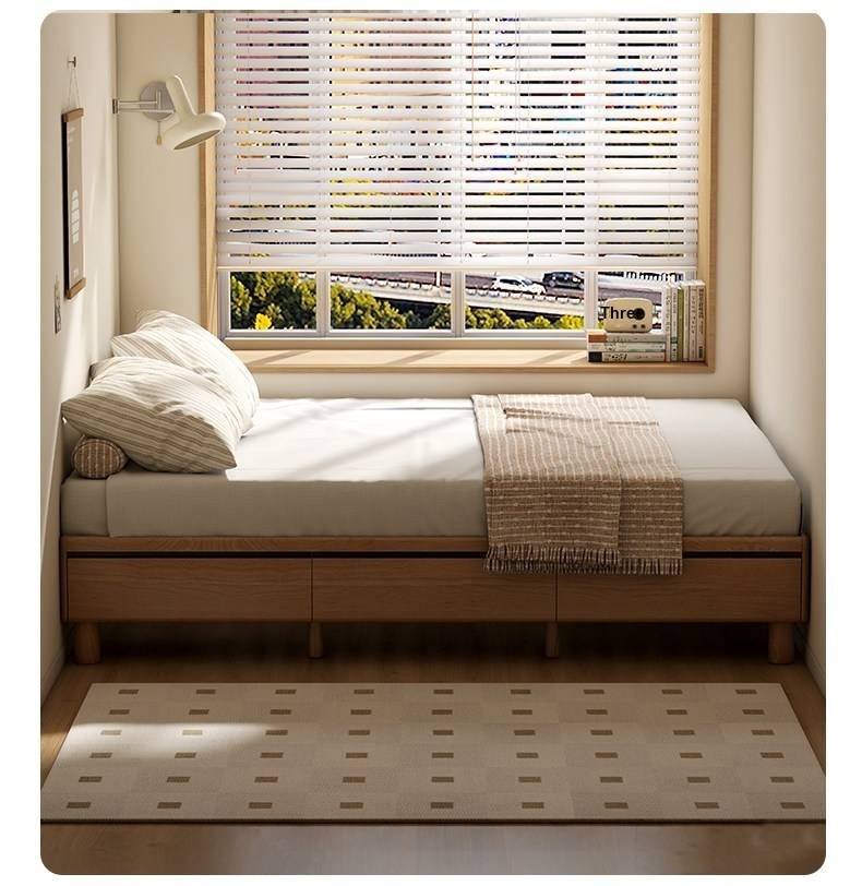 Oak Solid Wood Platform Bed — Headboard-Free, Drawer Storage, Simple Pull-Out Design