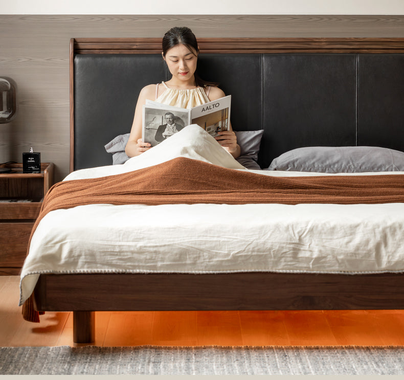 Black Walnut Solid Wood Luxury Leather with Light Bed