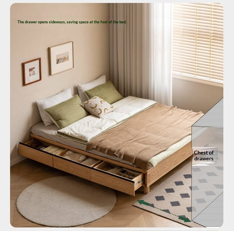 Oak Solid Wood Platform Bed — Headboard-Free, Drawer Storage, Simple Pull-Out Design