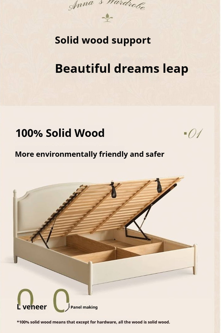 Rubberwood Solid Wood French Cream Storage Bed with Upholstered Headboard