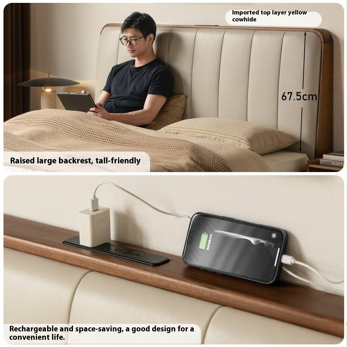 Black Walnut Solid Wood Genuine Leather Italian Light Luxury Soft Bed