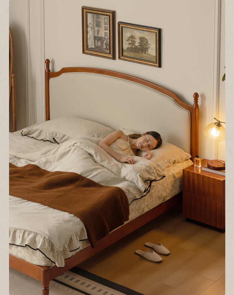 Poplar Solid Wood Bed – French Retro Design with Soft Fabric Upholstery
