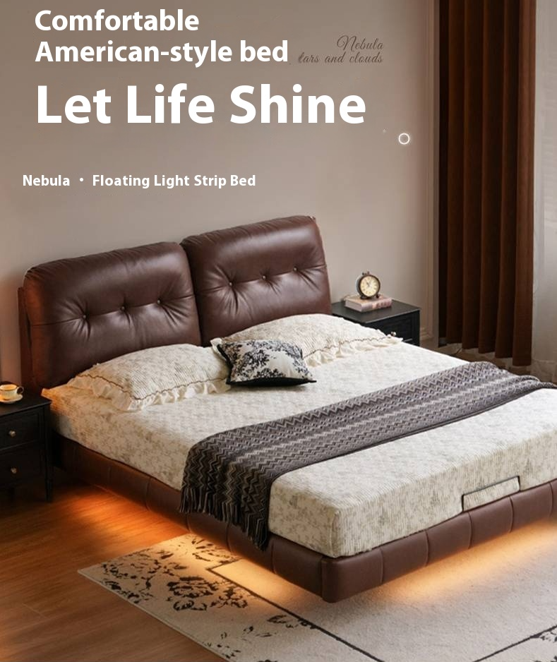 Genuine Leather American Retro Bed with Light