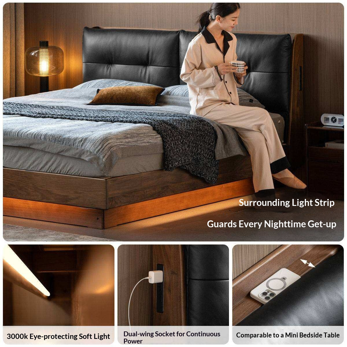 Black Walnut Solid Wood Genuine Leather Lift-Up Storage Bed with Tufted Headboard and LED Floating Base