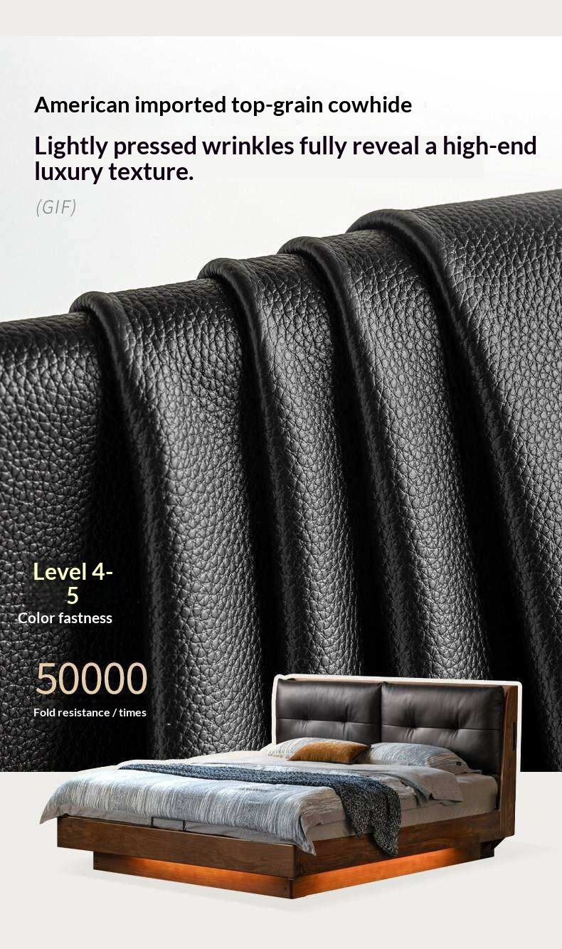 Black Walnut Solid Wood Genuine Leather Lift-Up Storage Bed with Tufted Headboard and LED Floating Base
