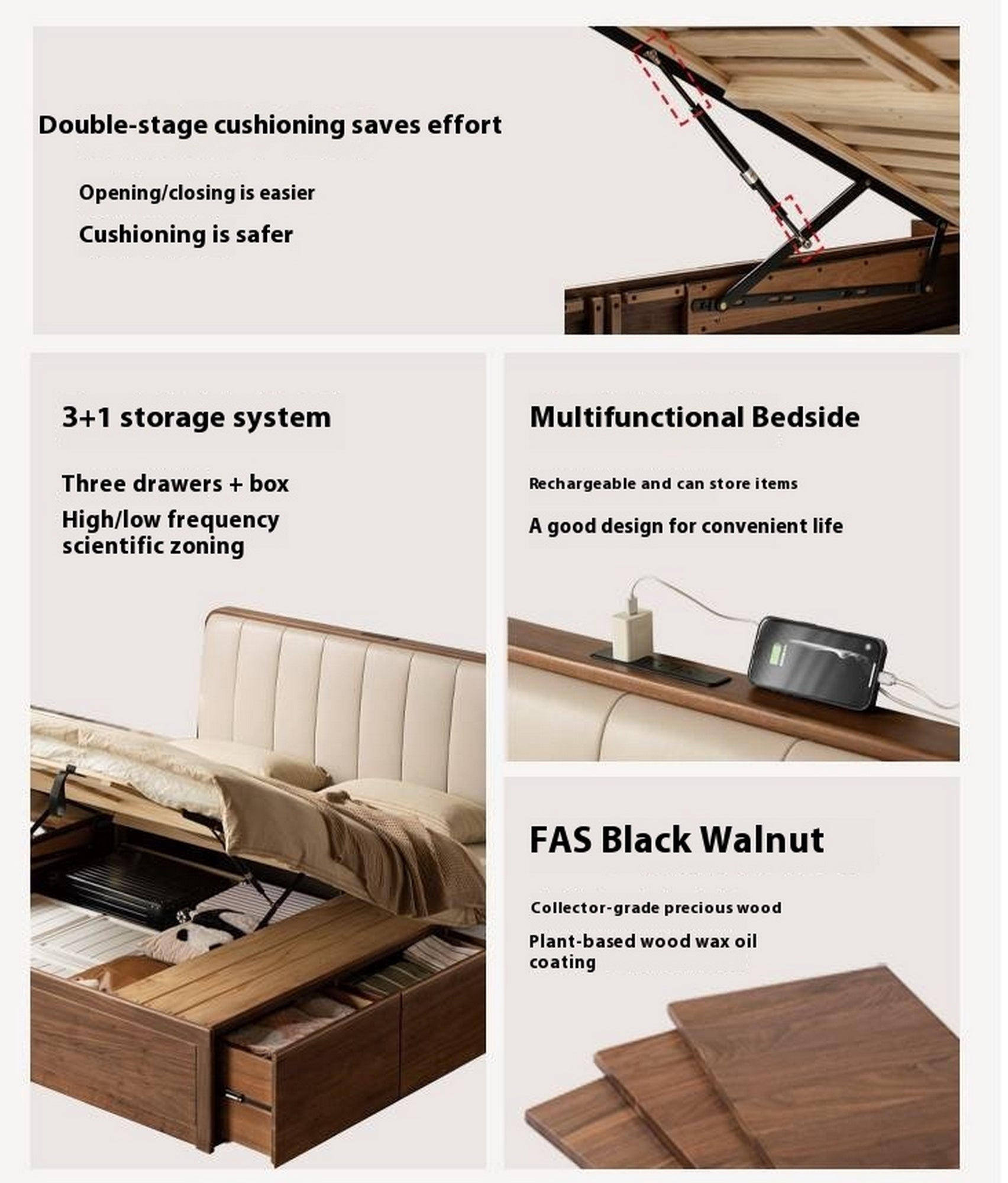 Black Walnut Solid Wood Genuine Leather Italian Light Luxury Soft Bed