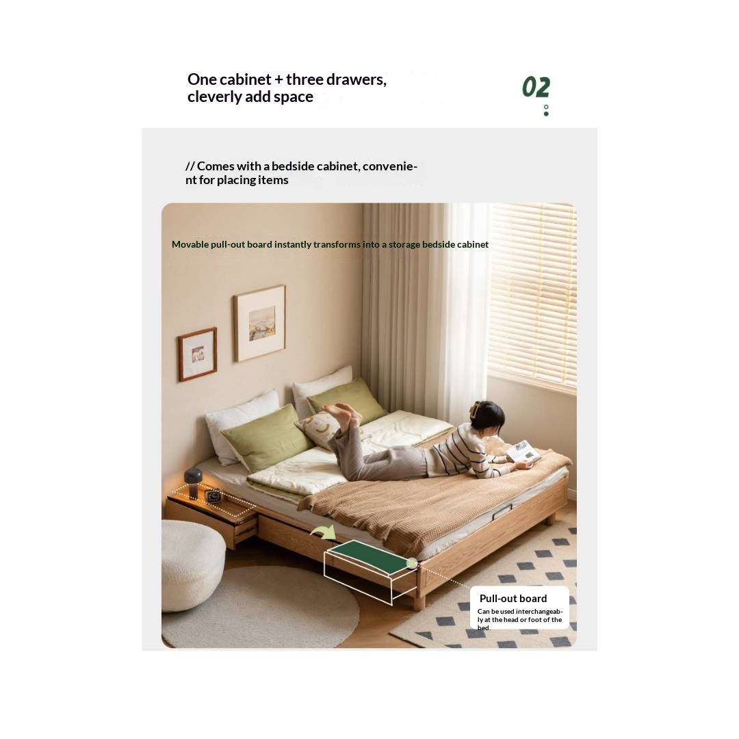 Oak Solid Wood Platform Bed — Headboard-Free, Drawer Storage, Simple Pull-Out Design