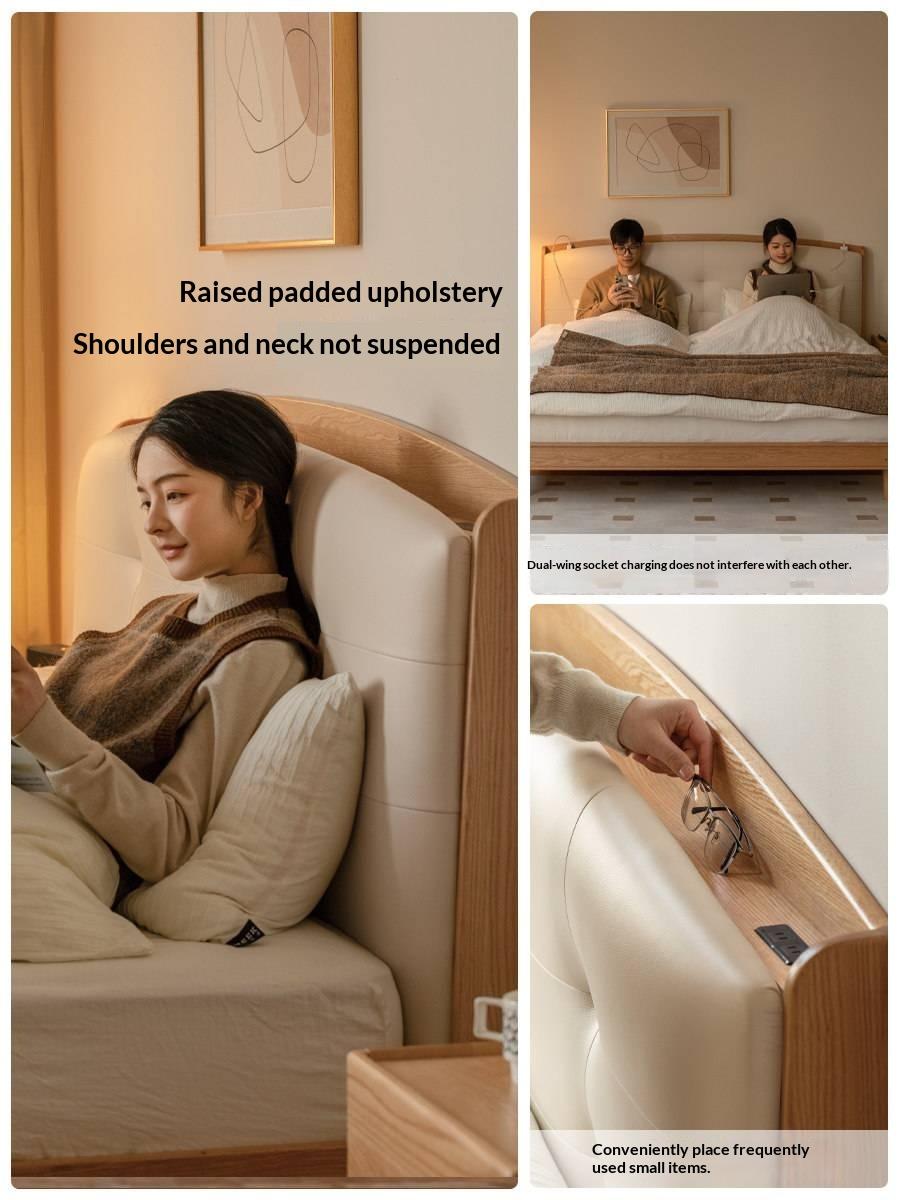 Oak Solid Wood Bed — Simple Style with Multifunctional Upholstered Design